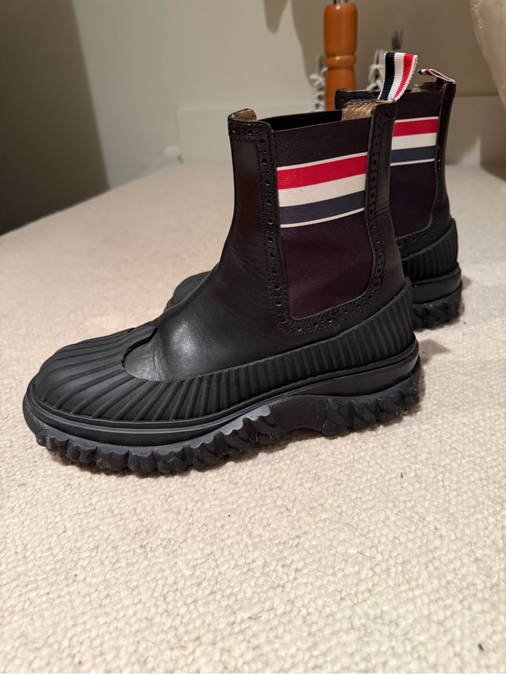Thom Browne Black Chelsea Booties with Red-White-Navy Stripe